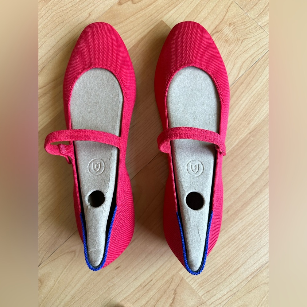 Rothy's Bright Red Mary Jane Flats with Blue Trim